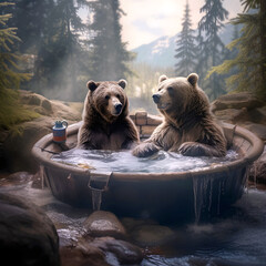 bears in a hot tub. AI generated. - obrazy, fototapety, plakaty
