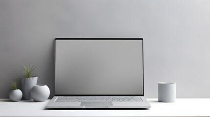 Laptop computer with blank screen on desk in modern home or office interior mock up