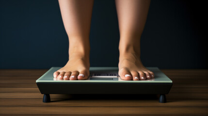 Womans feet weighing on scales. weight loss self car - obrazy, fototapety, plakaty