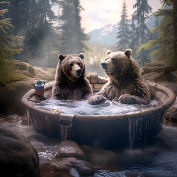 bears in a hot tub. AI generated.