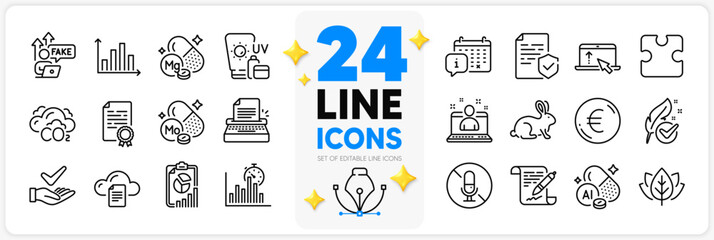 Icons set of Fake internet, Euro money and Co2 line icons pack for app with Puzzle, Hypoallergenic tested, Report timer thin outline icon. Certificate, Dermatologically tested. Vector
