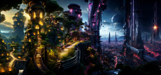 Futuristic Cyberpunk Cityscape Background, city lights