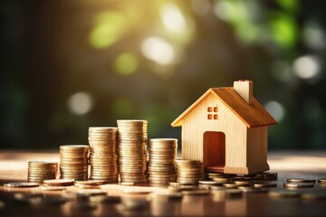 Small model house with coins, buy and sell house concept by Generative AI