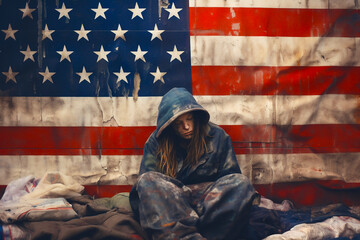 
 homeless woman  on the street in the USA on the background the American flag. American homeless. American dream - obrazy, fototapety, plakaty