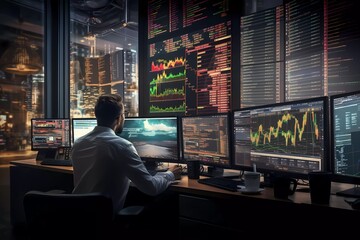 business people attentively monitor the stock market screen, their focus is on the world of investment and financial trading. generative ai - obrazy, fototapety, plakaty
