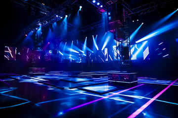 LED panels stage, holographic displays, and sleek metallic structures define the modern aesthetic. Laser lights. A concert stage  neon lights. - obrazy, fototapety, plakaty