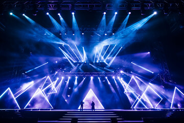 LED panels stage, holographic displays, and sleek metallic structures define the modern aesthetic. Laser lights. A concert stage  neon lights.