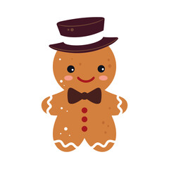 Cute Christmas gingerbread man cookie in hat. Xmas Decoration in cartoon style. Winter holiday element. Vector illustration