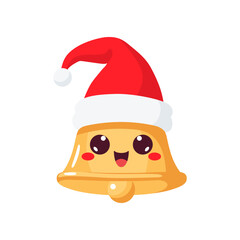 Cute Christmas bell in santa hat. Xmas Decoration in cartoon style. Winter holiday element. Vector illustration