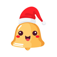 Cute Christmas bell in santa hat. Xmas Decoration in cartoon style. Winter holiday element. Vector illustration
