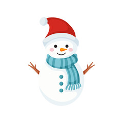 Cute Christmas snowman in hat. Xmas Decoration in cartoon style. Winter holiday element. Vector illustration