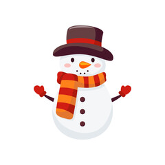 Cute Christmas snowman in hat. Xmas Decoration in cartoon style. Winter holiday element. Vector illustration
