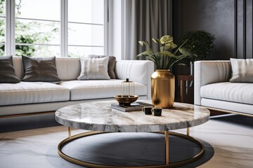 Marble stone coffee table near white sofa. Interior design of modern living room. Generative AI