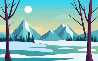 Poster Vector illustration: Winter snowy Mountains landscape with hills © MdAbdullah