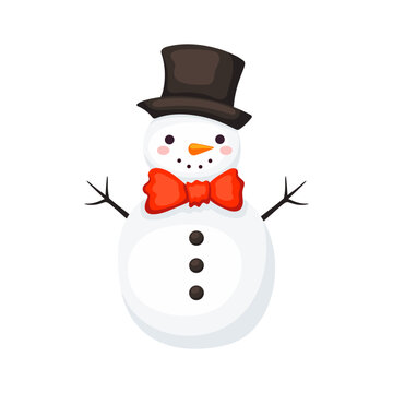 Cute Christmas snowman in hat. Xmas Decoration in cartoon style. Winter holiday element. Vector illustration
