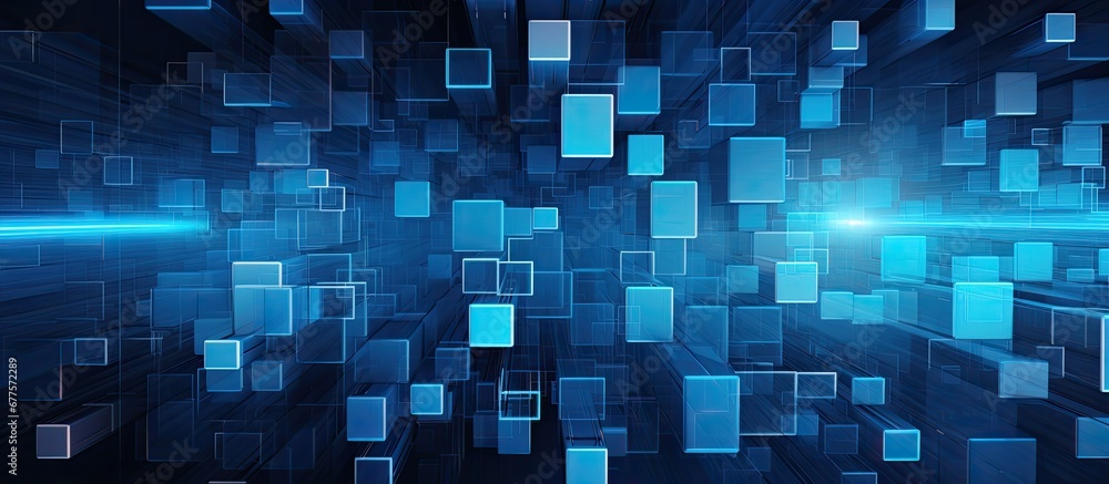 Poster the abstract illustration showcases a blue geometric pattern incorporating digital elements and text