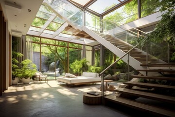 Glass courtyard with greenery in modern house. Home interior design with staircase. Generative AI