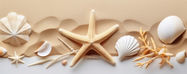Fototapeta na wymiar Starfish and sea shells on sand on white paper, summer beach frame backdrop. Beach vacation concept background with copy space, Generative AI