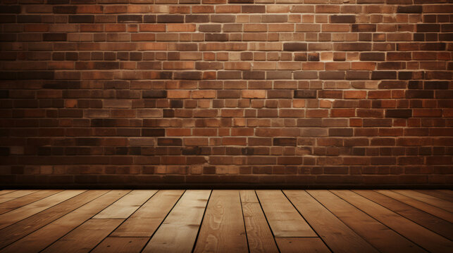 Wooden floor and brick wall. Background for products
