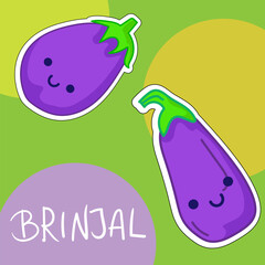 Cartoon cute kawaii brinjal with face. Funny vector illustration of happy vegetable. Childish style design for positive poster, t-shirt, card, wall print, book