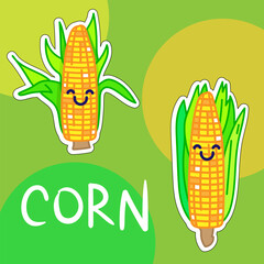 Cartoon cute kawaii corn with face. Funny vector illustration of happy vegetable. Childish style design for positive poster, t-shirt, card, wall print, book
