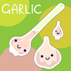 Cartoon cute kawaii garlic with face. Funny vector illustration of happy vegetable. Childish style design for positive poster, t-shirt, card, wall print, book