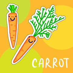 Cartoon cute kawaii carrot with face. Funny vector illustration of happy vegetable. Childish style design for positive poster, t-shirt, card, wall print, book