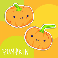 Cartoon cute kawaii pumpkin with face. Funny vector illustration of happy vegetable. Childish style design for positive poster, t-shirt, card, wall print, book
