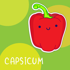 Cartoon cute kawaii pepper capsicum with face. Funny vector illustration of happy vegetable. Childish style design for positive poster, t-shirt, card, wall print, book