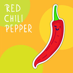 Cartoon cute kawaii red chilli pepper with face. Funny vector illustration of happy vegetable. Childish style design for positive poster, t-shirt, card, wall print, book