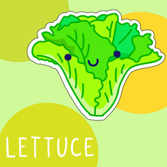 Cartoon cute kawaii lettuce with face. Funny vector illustration of happy vegetable. Childish style design for positive poster, t-shirt, card, wall print, book