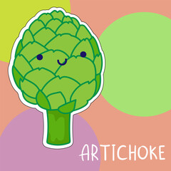 Cartoon cute kawaii artichoke with face. Funny vector illustration of happy vegetable. Childish style design for positive poster, t-shirt, card, wall print, book