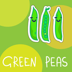Cartoon cute kawaii green peas with face. Funny vector illustration of happy vegetable. Childish style design for positive poster, t-shirt, card, wall print, book
