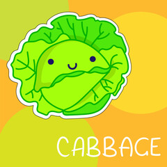 Cartoon cute kawaii cabbage with face. Funny vector illustration of happy vegetable. Childish style design for positive poster, t-shirt, card, wall print, book