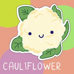 Cartoon cute kawaii cauliflower with face. Funny vector illustration of happy vegetable. Childish style design for positive poster, t-shirt, card, wall print, book