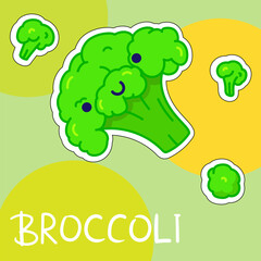 Cartoon cute kawaii broccoli with face. Funny vector illustration of happy vegetable. Childish style design for positive poster, t-shirt, card, wall print, book