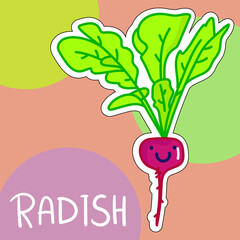 Cartoon cute kawaii radish with face. Funny vector illustration of happy vegetable. Childish style design for positive poster, t-shirt, card, wall print, book