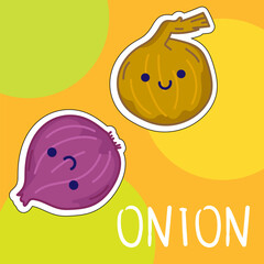 Cartoon cute kawaii onion with face. Funny vector illustration of happy vegetable. Childish style design for positive poster, t-shirt, card, wall print, book