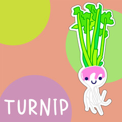 Cartoon cute kawaii turnip with face. Funny vector illustration of happy vegetable. Childish style design for positive poster, t-shirt, card, wall print, book