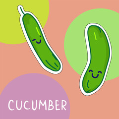 Cartoon cute kawaii cucumber with face. Funny vector illustration of happy vegetable. Childish style design for positive poster, t-shirt, card, wall print, book
