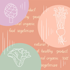 Cute vegan poster in pastel colors. Vector illustration outline veggies images.