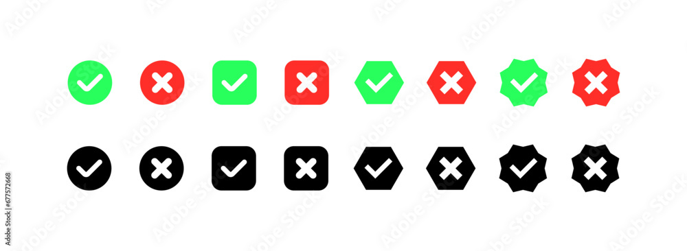 Aufkleber check mark and cross icons. different styles, checkmark and cross round and square icons. vector ico