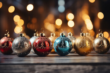 Multicoloured Christmas baubles on a wooden shelf with a golden bokeh. - 677572606