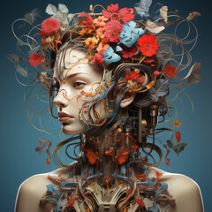 AI, concept, woman, intelligence, artificial, brain, flowers, multicolored, multicoloured, illustration - 677572665