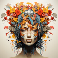 AI, concept, woman, intelligence, artificial, brain, flowers, multicolored, multicoloured, illustration - 677572690