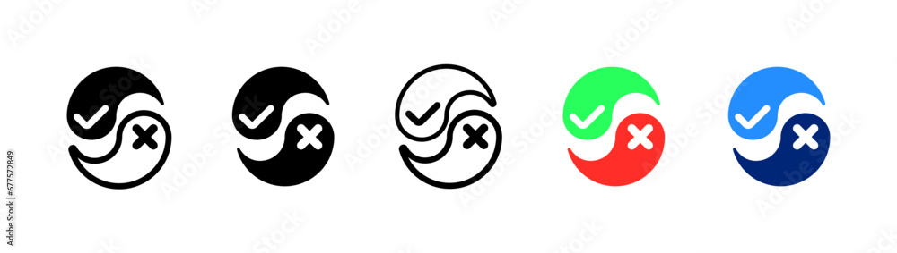 Poster yin yang cross and check mark. different styles, cross and checkmark water drop icon, yin yang cross