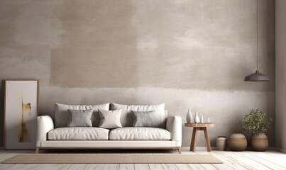 Fototapeta na wymiar Interior design of modern apartment, beige sofa in living room, concrete stucco mock up wall, home design 3d rendering, Generative AI