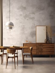 Interior design of modern dining room or living room, marble table and chairs. Wooden sideboard over grunge concrete stucco wall. Home interior. 3d, Generative AI