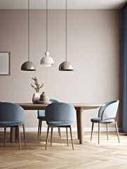Interior of modern dining room, dining table and blue fabric chairs against beige wall. 3d rendering, Generative AI