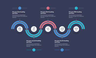Naklejka premium Infographic progress diagram with five stages with numbers and minimalistic icons - dark version. Can be used for your website or presentation.